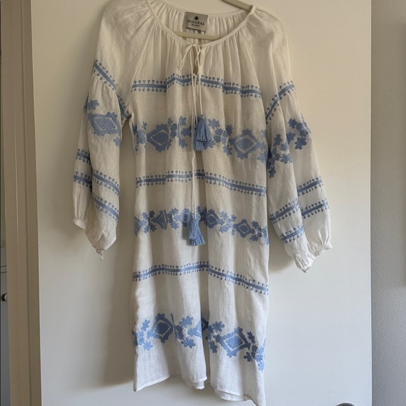 Blue and White Embroidered Dress in linen SMALL - Picture 4 of 5